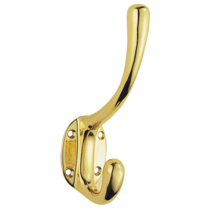2x Heavyweight One Piece Hat & Coat Hook 76mm Projection Polished Brass Loops