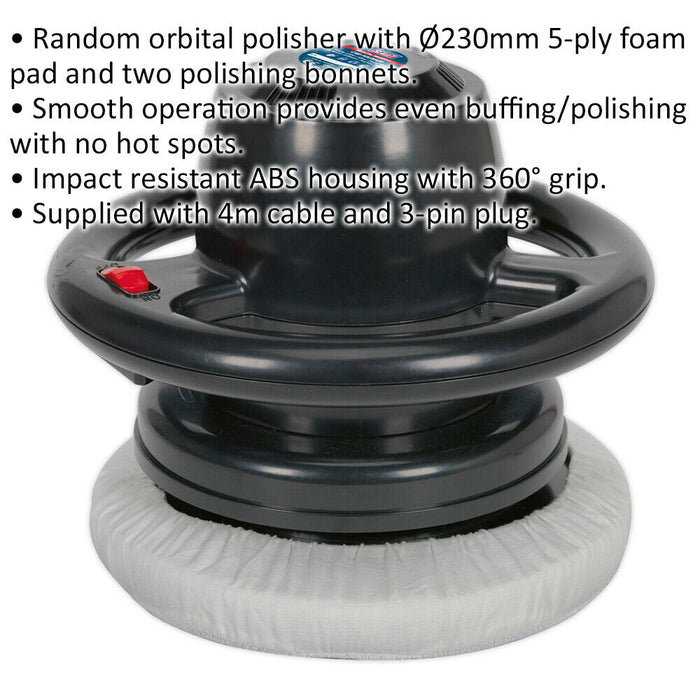 230mm Orbital Car Polisher - 5-Ply Foam Pad - 4m Cable - 3300 rpm - 110W Motor Loops