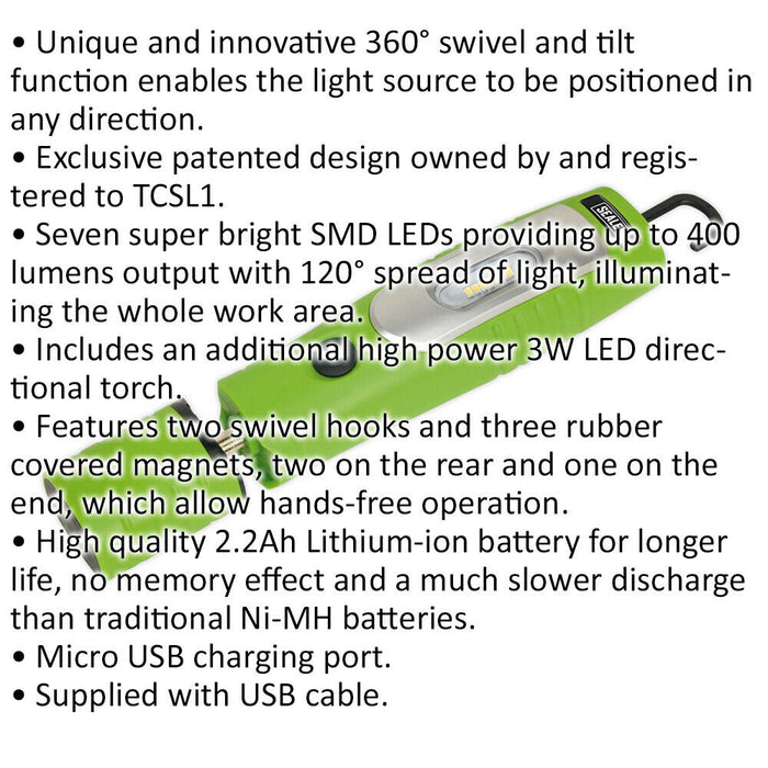 360° Swivel Inspection Light - 7 SMD & 3W SMD LED - Rechargeable - Green Loops