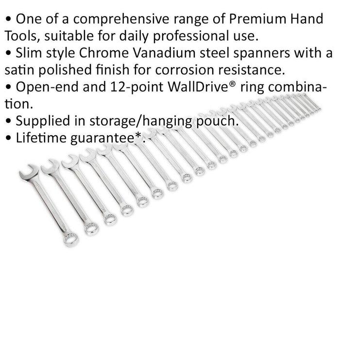 25pc Slim Handled Combination Spanner Set -12 Point Metric Ring Open Head Wrench Loops
