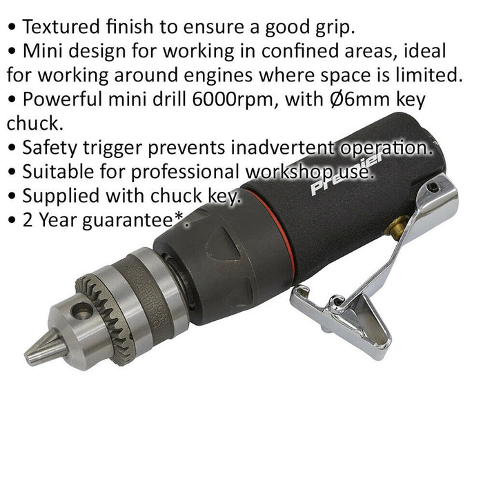 Mini Air Operated Drill - 1/4" BSP Inlet - 6mm Chuck - 6000 RPM - Safety Trigger Loops
