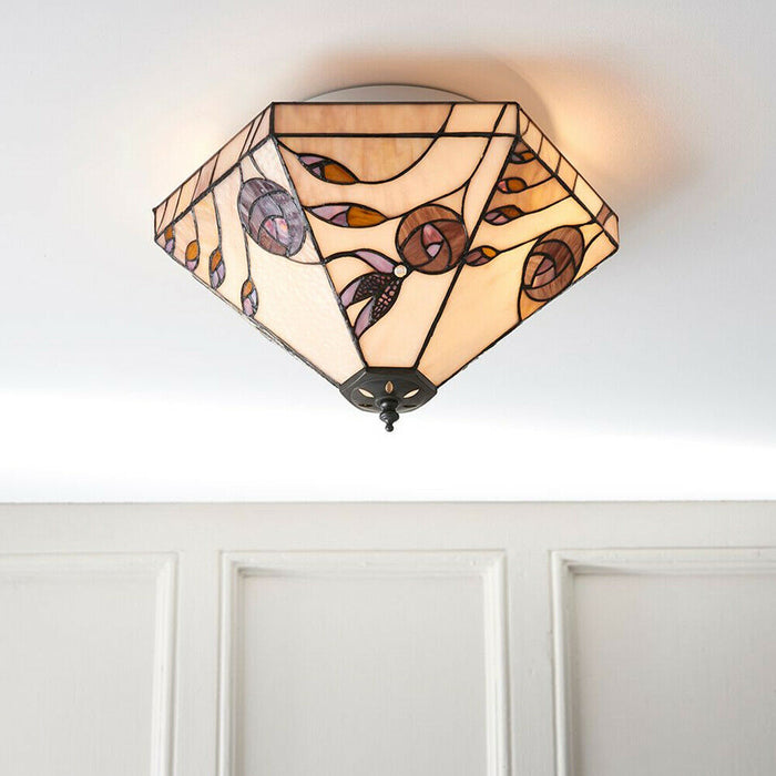 Tiffany Glass LED Wall Light - Mackintosh Style Rose - Bronze Finish - Medium Loops