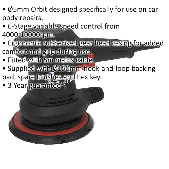 150mm Variable Speed Random Orbital Bodywork Sander - 400W 230V Compact Corded Loops