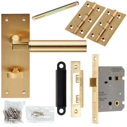 Door Handle & Bathroom Lock Pack Satin Brass Round Lever Thumb Turn Backplate Loops