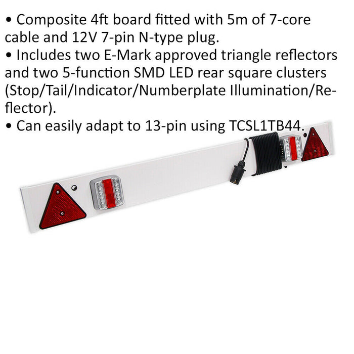 4ft Composite LED Trailer Board - 5m Cable - 12V N-Type Plug - SMD LED Cluster Loops