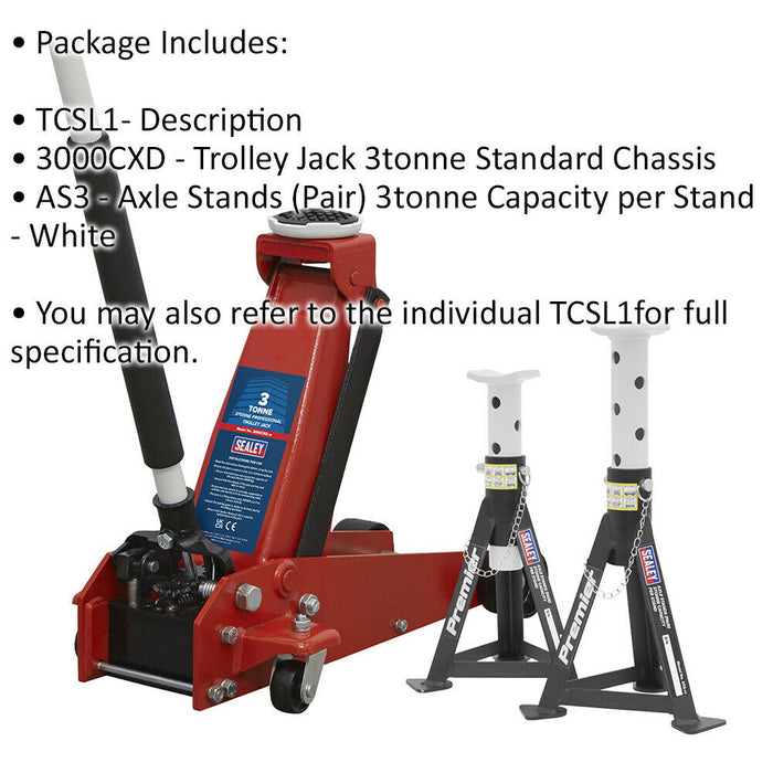 Hydraulic Trolley Jack & 2 x Axle Stand Kit - 3000kg Capacity - Heavy Base Loops