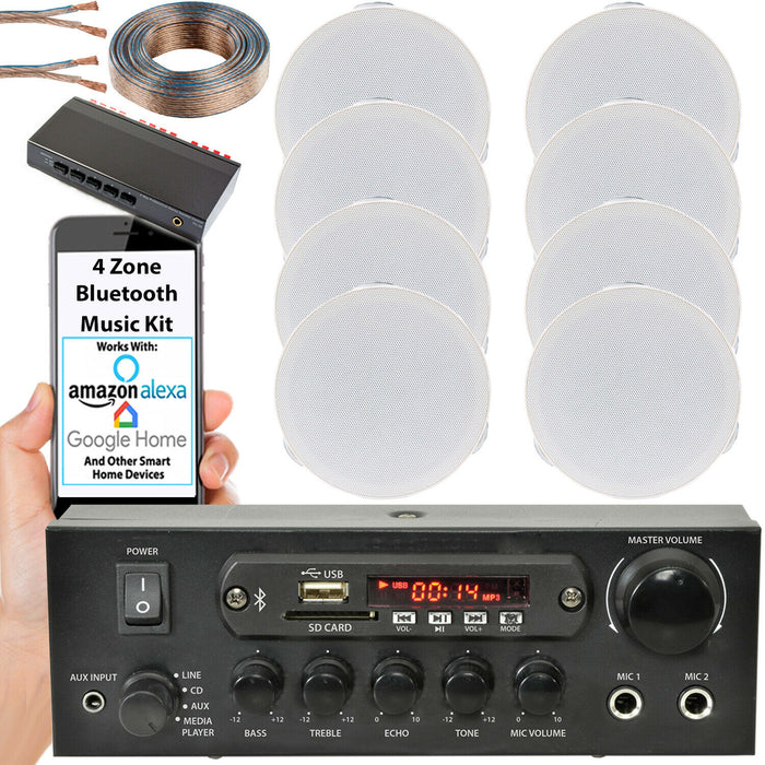 Bluetooth Ceiling Music Kit 4 Zone Stereo Amplifier & 8x Mini Flush Speakers