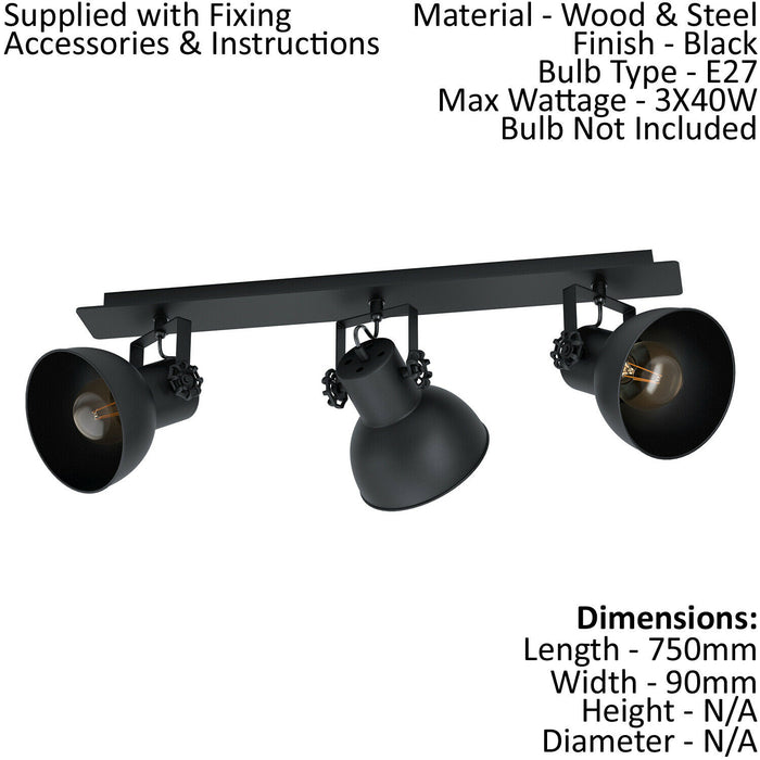 Adjustable 3 Bulb Ceiling Spotlight Black Industrial Steel Shade 40W E27 Loops