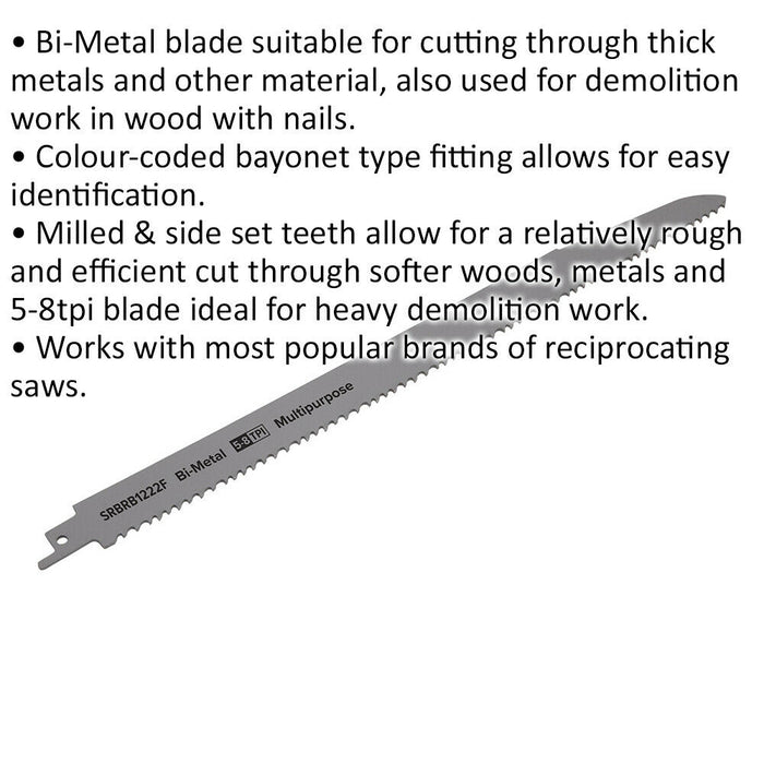 5 PACK 300mm Bi-Metal Reciprocating Saw Blade - 5-8 TPI - Milled Side Set Teeth Loops