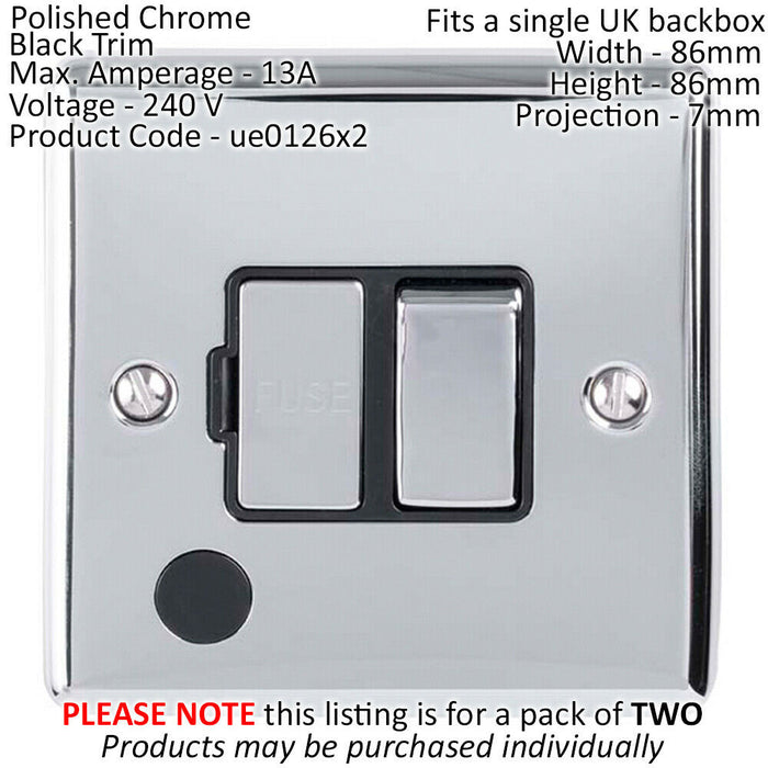 2 PACK 13A DP Switched Fuse Spur & Flex Outlet CHROME & Black Isolation Loops