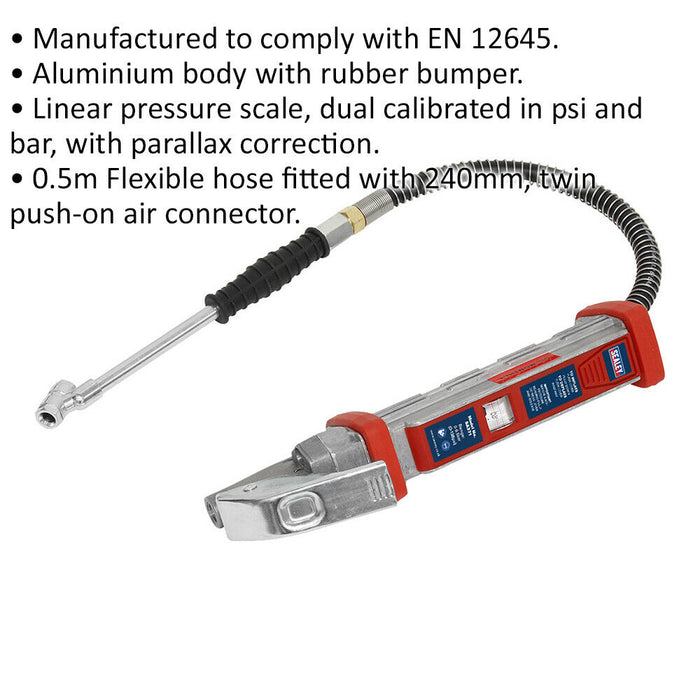 Premium Tyre Inflator - Twin Push-On Chuck - 240mm Long Reach Arm & 0.5m Hose Loops