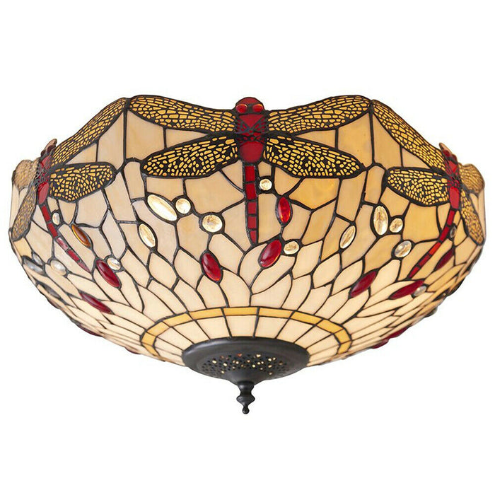 Tiffany Glass Semi Flush Ceiling Light Dragonfly Round Inverted Shade i00043 Loops