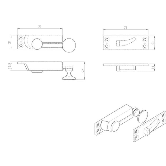 Quadrant Arm Sash Window Fastener 70 x 20mm 27mm Proj Polished Brass Loops