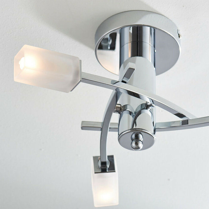 Semi Flush Ceiling Light Chrome & Glass 3 Bulb Square Shade Dimmable Pendant Loops