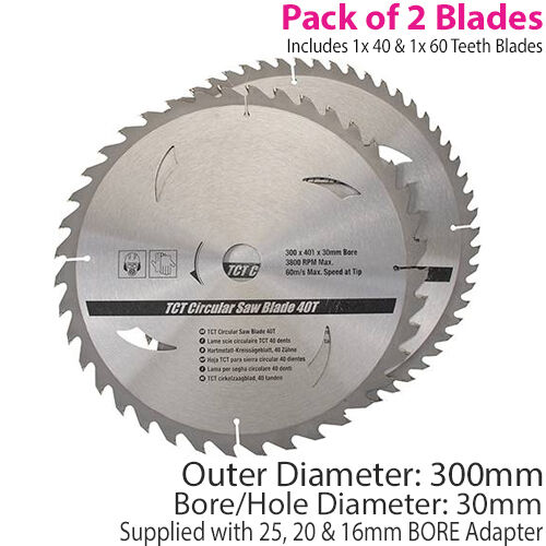 QTY 2 300mm x 30mm TCT Circular Saw Blades 40T 60T 25mm 20mm 16mm Rings Loops