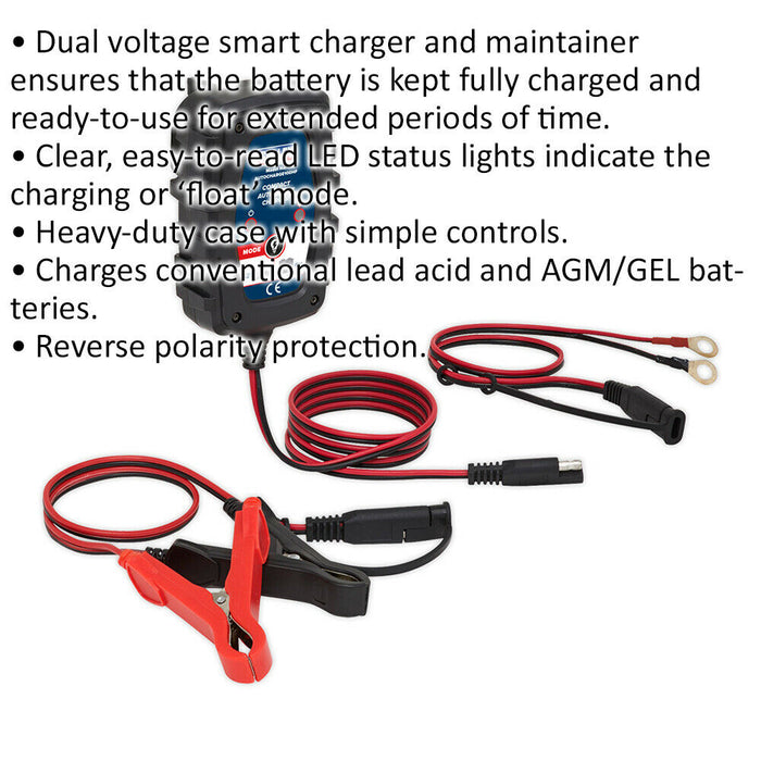 1A Compact Auto Smart Charger - Dual Voltage - 6 / 16 Volt - Quick Connect Plug Loops