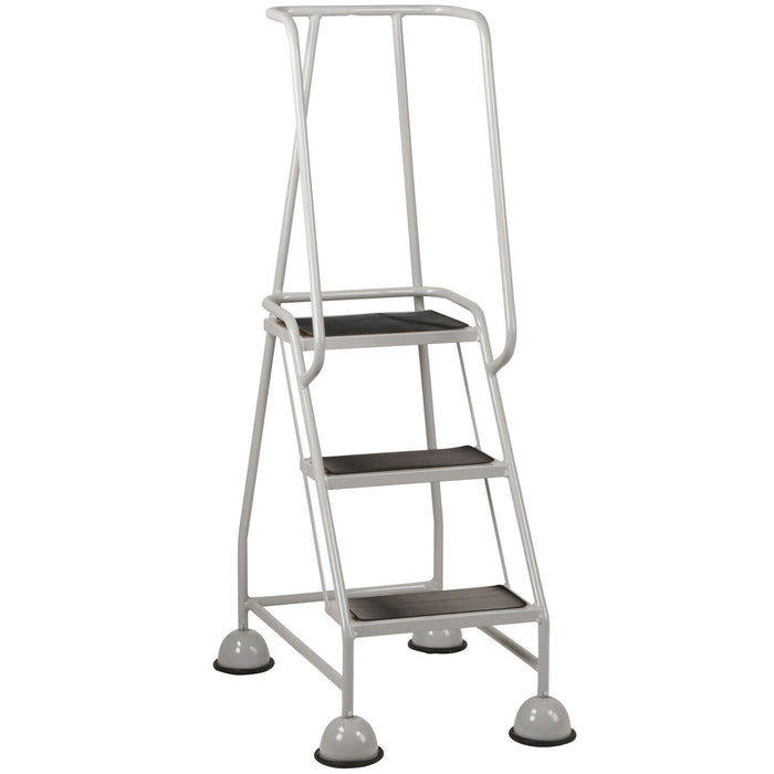 3 Tread Mobile Warehouse Steps GREY 1.43m Portable Safety Ladder & Wheels Loops