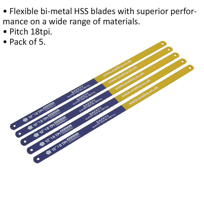 5 PACK 300mm Flexible Bi-Metal HSS Hacksaw Blade - 18 TPI Pitch - Saw Power Tool Loops