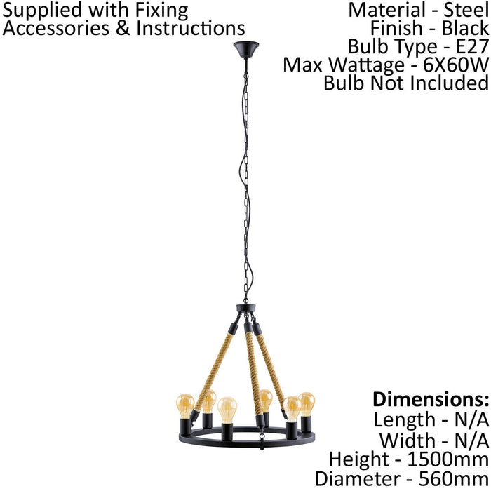 Hanging Ceiling Pendant Light Black & Rope 6x 60W E27 Round Feature Chandelier Loops