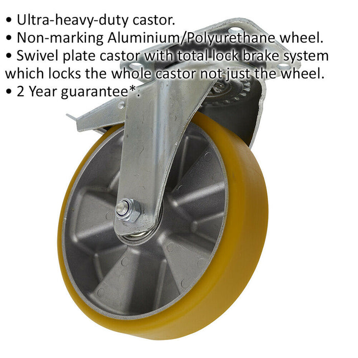 200mm Swivel Plate Castor Wheel - 50mm Tread - Aluminium & PU - Total Lock Brake Loops