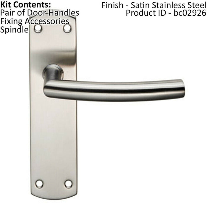 Curved Bar Lever Door Handle on Latch Backplate 172 x 44mm Satin Steel Loops
