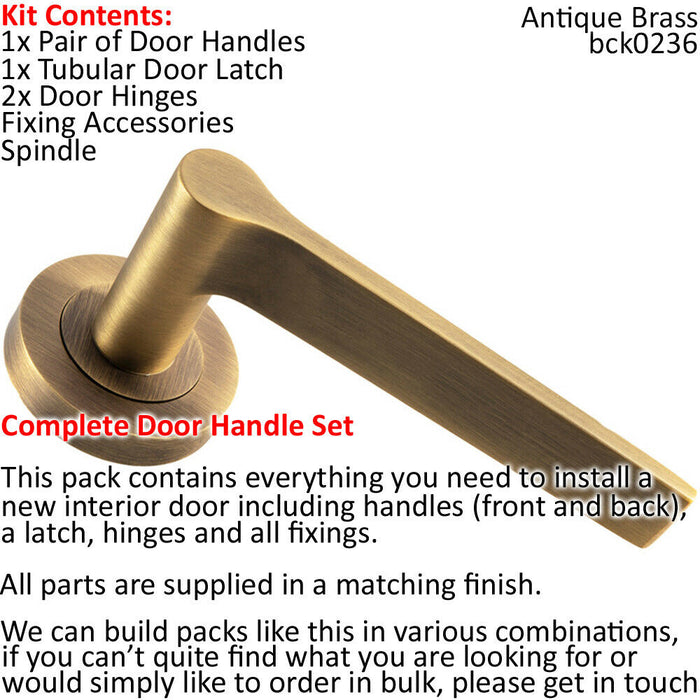 Door Handle & Latch Pack Antique Brass Rounded Lever Screwless Round Rose Loops