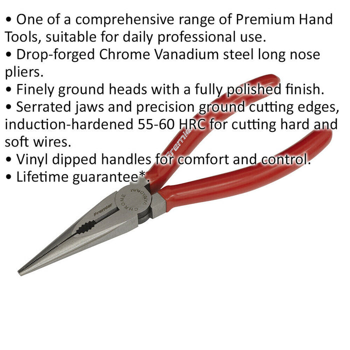 170mm Long Nose Pliers - Drop Forged Steel - 45mm Jaw Capacity - Serrated Jaws Loops