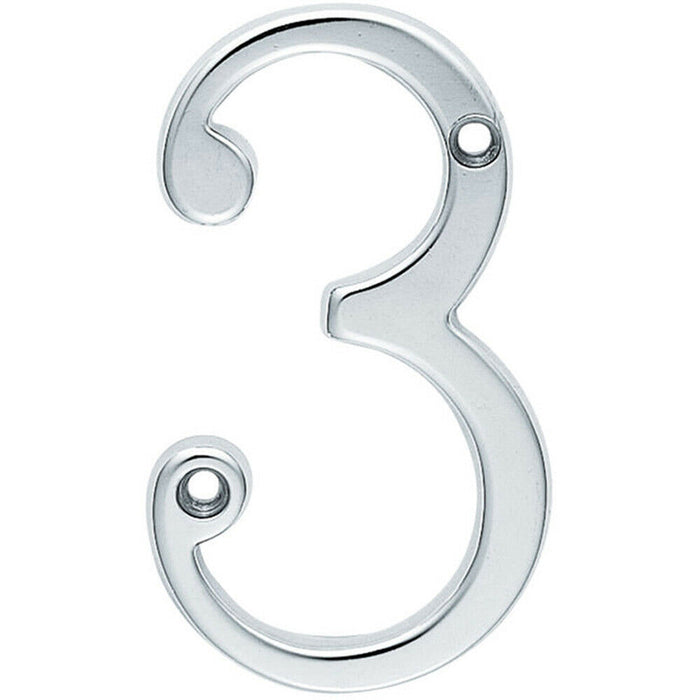 Satin Chrome Door Number 3 - 75mm Height 4mm Depth House Numeral Plaque Loops