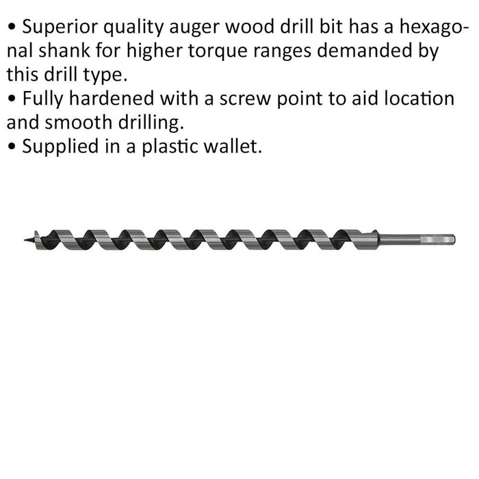 22 x 460mm Hardened Auger Wood Drill Bit - Hexagonal Shank - Woodwork Timber Loops