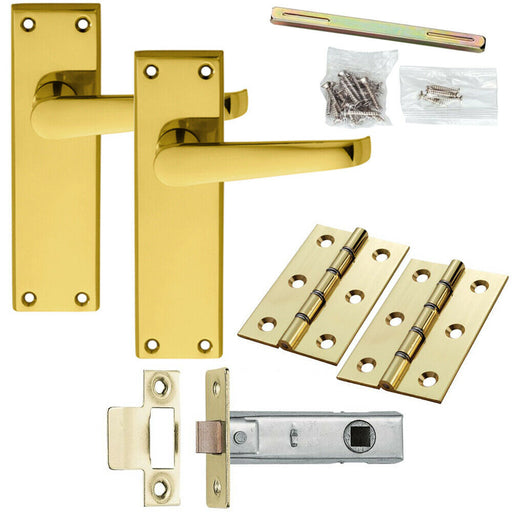 Door Handle & Latch Pack Brass Victorian Straight Lever Square Tall Backplate Loops
