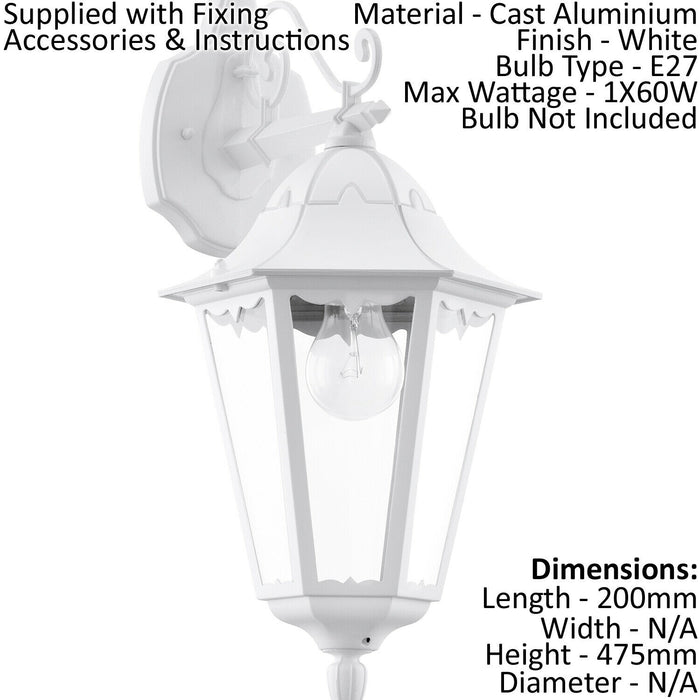 IP44 Outdoor Wall Light White Traditional Lantern 1x 60W E27 Porch Lamp Down Loops