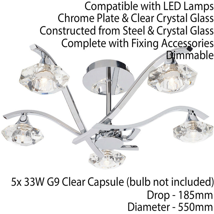 Semi Flush Ceiling Light Chrome Clear Crystal 5 Bulb Hanging Pendant Lamp Shade Loops