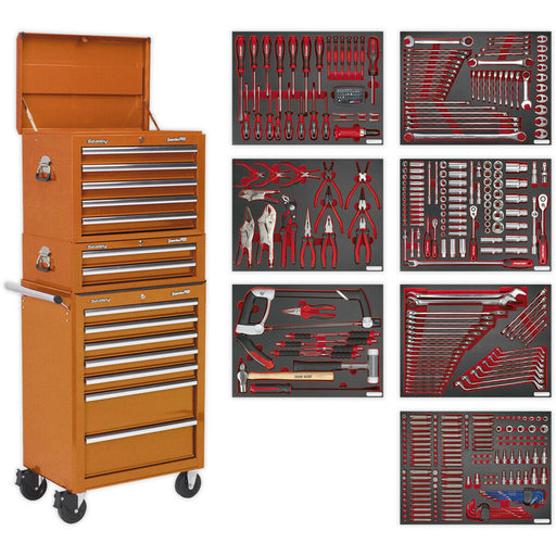 14 Drawer Topchest Mid Box & Rollcab Bundle with 446 Piece Tool Kit - Orange Loops