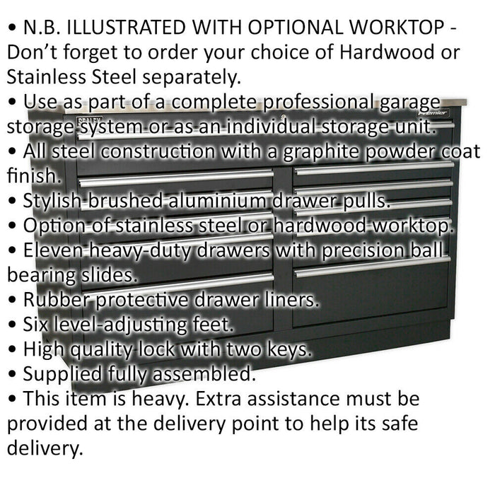 1.55m Heavy Duty Modular Floor Cabinet - 11 Locking Drawers - Steel Construction Loops