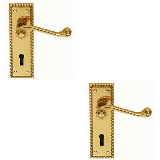 2x PAIR Reeded Design Scroll Handle on Lock Backplate 150 x 48mm Polished Brass Loops