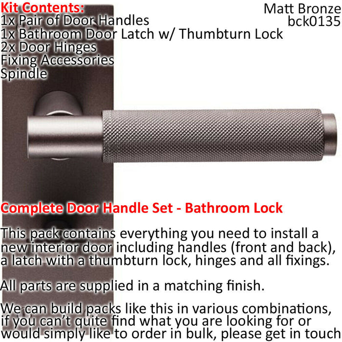 Door Handle & Bathroom Lock Pack Matt Bronze Knurled Bar Thumb Turn Backplate Loops