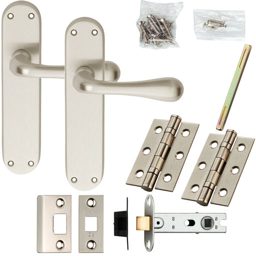 Door Handle & Latch Pack Satin Chrome Smooth Flared Lever Rounded Backplate Loops