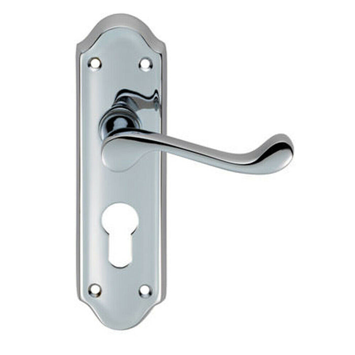 PAIR Victorian Upturned Lever on Euro Lock Backplate 168 x 47mm Polished Chrome Loops