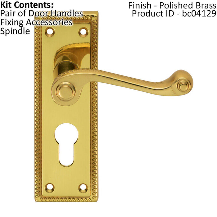 PAIR Reeded Design Scroll Lever on Euro Lock Backplate 150 x 48mm Polished Brass Loops