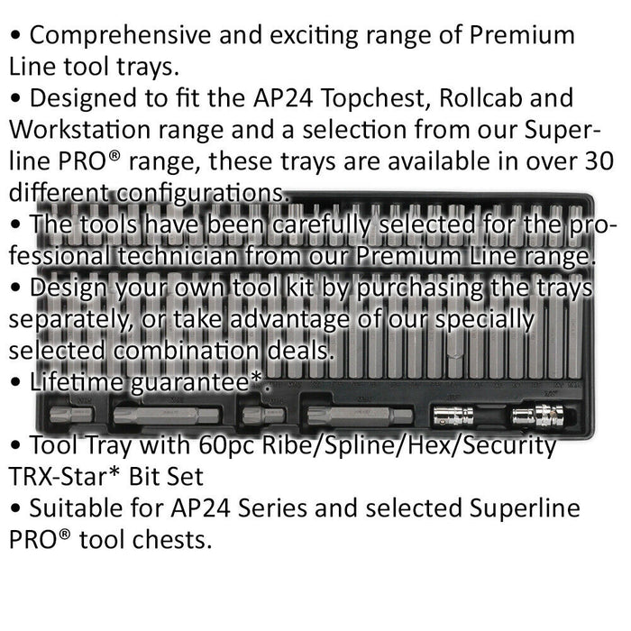 60pc Security TRX-Star Hex Ribe Spline Bit Set with 176 x 397mm Tool Tray Loops