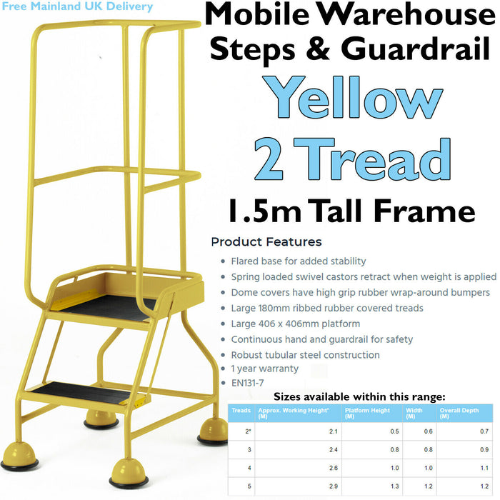 2 Tread Mobile Warehouse Steps & Guardrail YELLOW 1.5m Portable Safety Stairs Loops