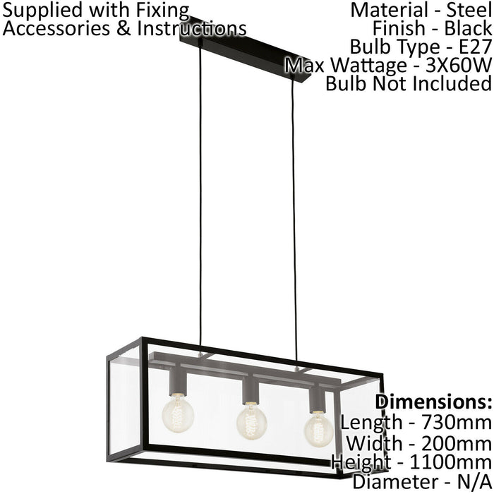 Hanging Ceiling Pendant Light Black Glass Box 3x 60W E27 Kitchen Island Lamp Loops