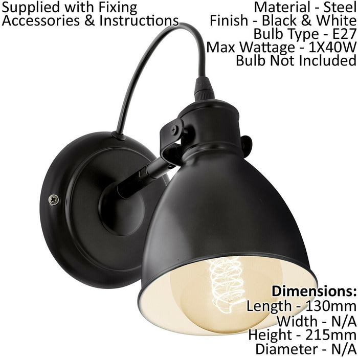 2 PACK Adjustable Wall Light   Sconce Black & White Bowl Shade 1x 40W E27 Loops
