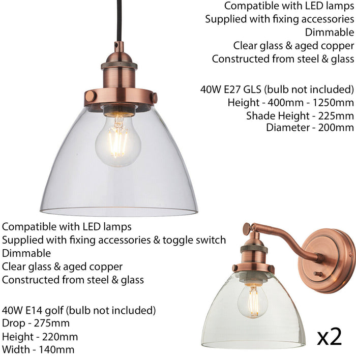 Ceiling Pendant & 2x Matching Wall Light Pack Aged Copper & Clear Glass Shade Loops