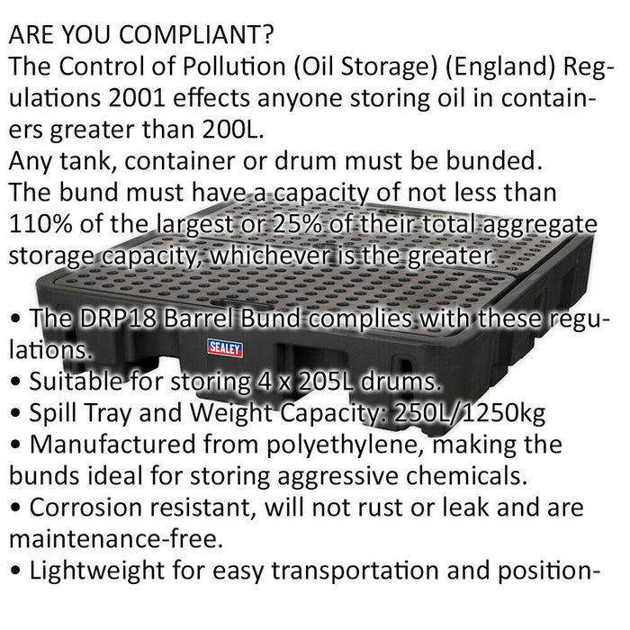 Polyethylene Barrel Bund - 1380 x 1290 x 280mm - Holds 4 x 205L Drums - 240L Loops