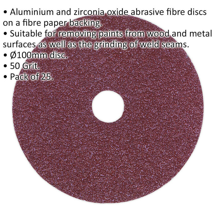 25 PACK - 100mm Fibre Backed Sanding Discs - 50 Grit Aluminium Oxide Round Sheet Loops