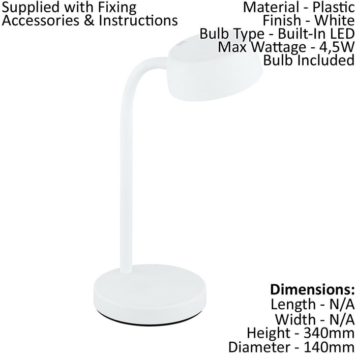 Table Desk Lamp Colour Plain White Rocker Switch Bulb LED 4.5W Included Loops