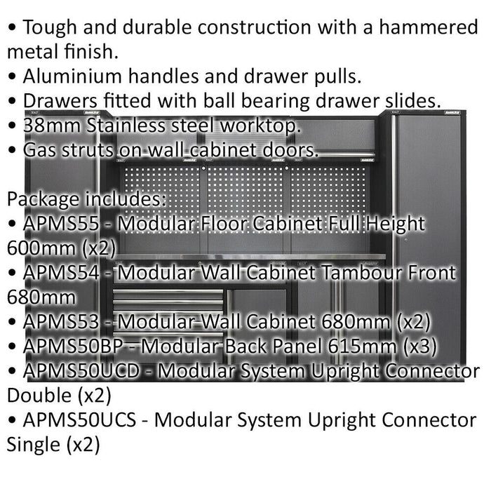 Garage Storage System Unit - 3240 x 460 x 2000mm - 38mm Stainless Steel Worktop Loops