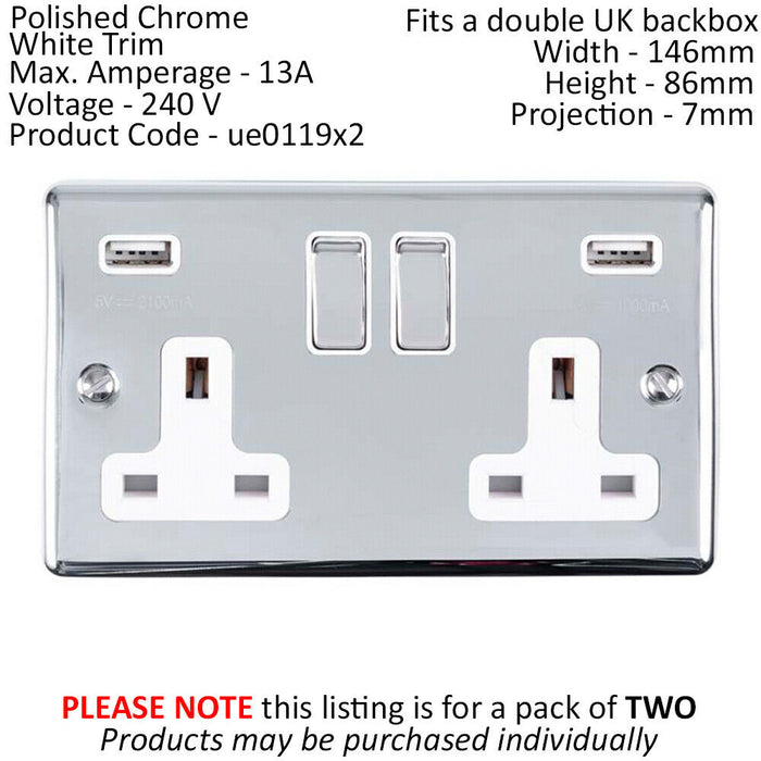 2 PACK 2 Gang Single UK Plug Socket & 2.1A USB CHROME & White 13A Switched Loops
