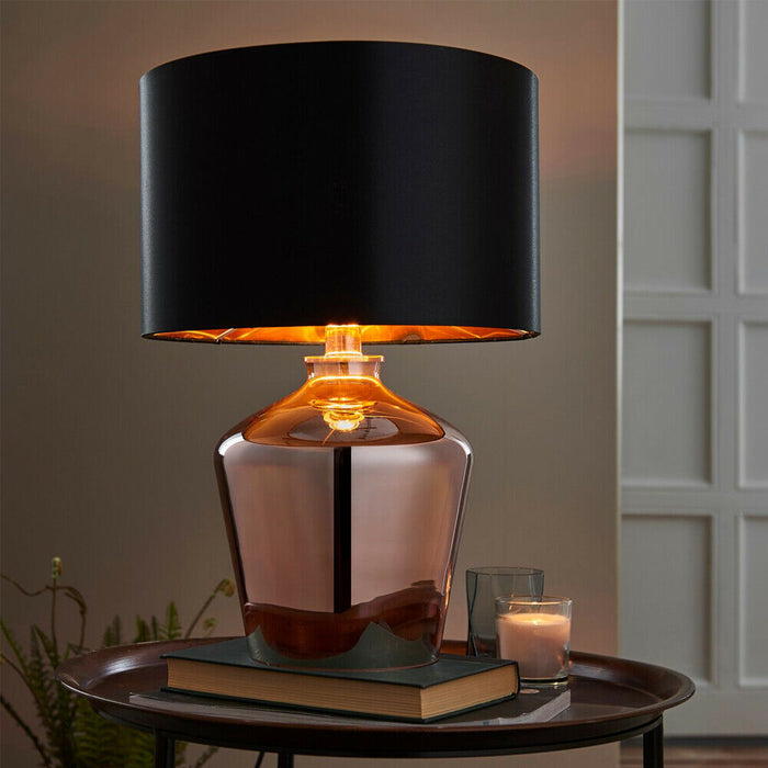 Modern Mirror Table Lamp Gloss Copper Glass & Black Shade Feature Bedside Light Loops